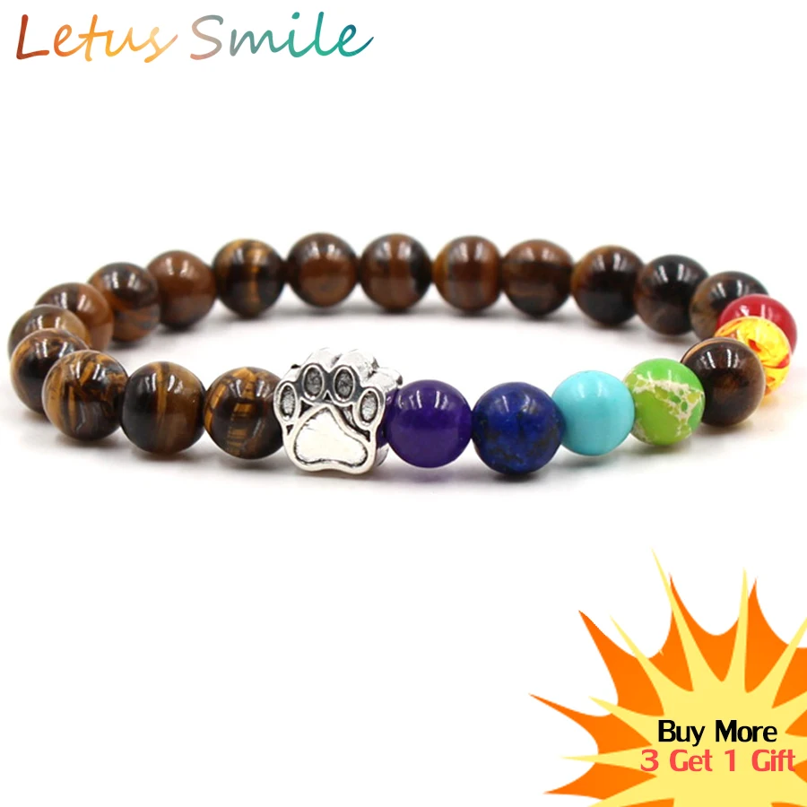 

7 Chakra Dog Claw Charm Bracelets Women Tiger Eye Stone Healing Yoga Beaded Bracelet Fashion Nature Stone Love Rainbow Jewelry