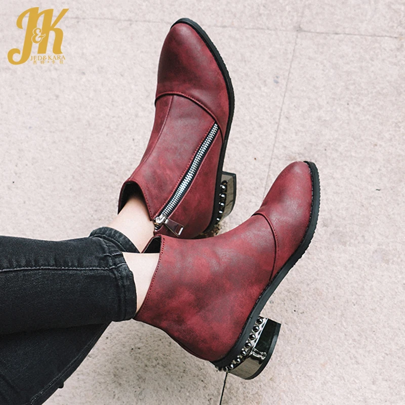 

JK Thick Heels Ankle Boots Women Pointed Toe Booties Ladies Zip Casual Shoes Female Rivet Metal Girl Shoes Winter Plus Size 48