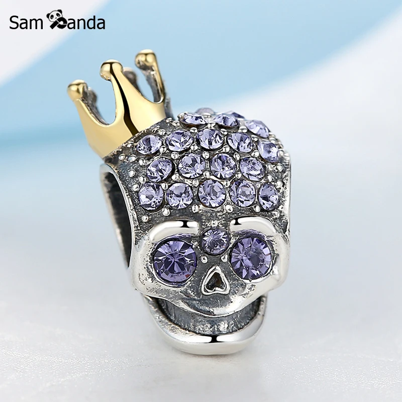 

Authentic 100% 925 Sterling Silver Charm Bead Skull Gold Color Crown Charms Red Crystal Fit Pandora Bracelets Women DIY Jewelry