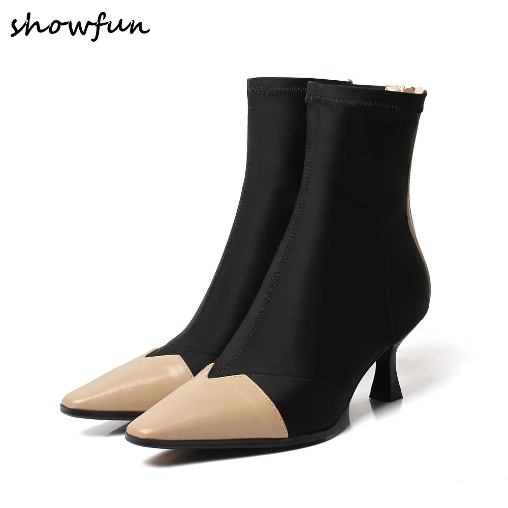 

Women's genuine leather stretch fabric patchwork black slim ankle boots brand design pointed toe high heel ladies elegant shoes