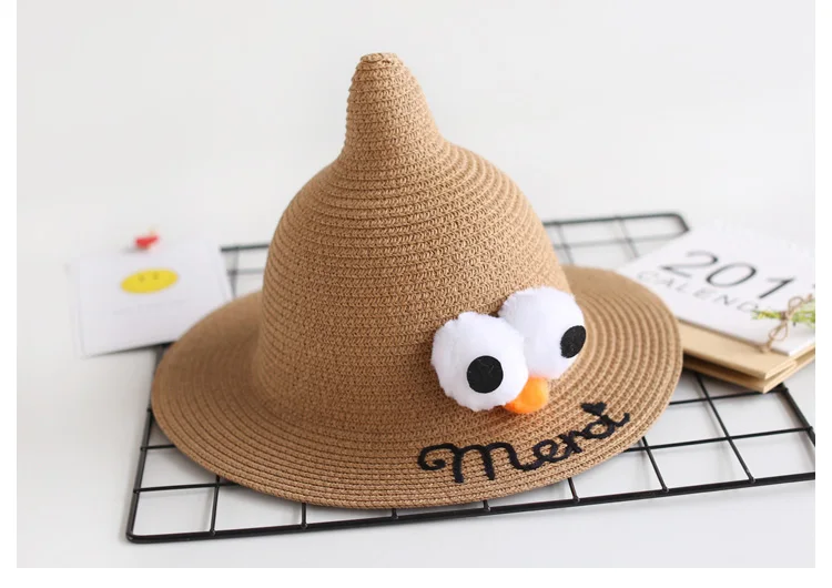 Корейские весенние детские пляжные шляпы, лето, смешная детская соломенная шляпа ручной работы с двумя большими глазами для мальчиков и девочек, туристическая Горячая Солнцезащитная шляпа - Color: light coffe