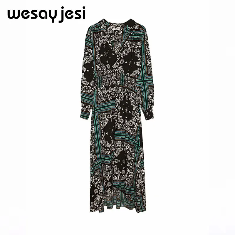 2019 الشتاء اللباس النساء vestidos انكلترا نمط lanon ألف خط طباعة الكاحل طول طويل الخامس الرقبة vestidos دي فييستا حزب اللباس