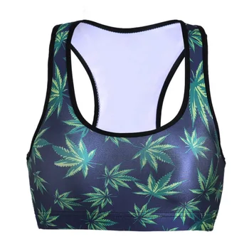 

Women Green Leaves Print Fitness Short Vest Workout Wireless Underwear Seamless Stretch Tank Top Hiphop Soft Bras