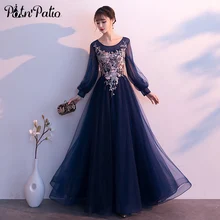 Темно-синие вечерние платья с длинными рукавами размера плюс, новинка, роскошное бальное платье с аппликацией, длинное фатиновое торжественное платье