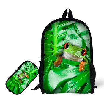 

Children School Backpack with Pencil Case Frog Printed School Bags for Boys Girls Fashion Schoolbag+Pencil Bag Book Bag Green