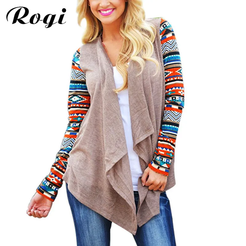 

Rogi Women Long Cardigan Long Sleeve Knitted Poncho Sweater Coat Tribal Print Asymmetrical Cardigans Jacket Outwear Pull Femme