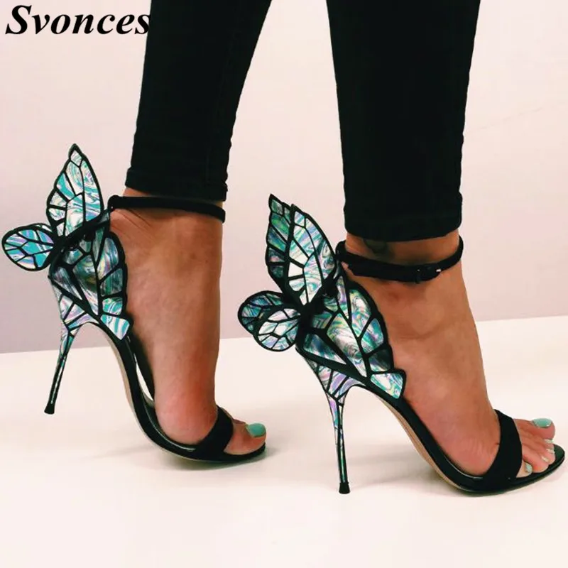 

2019 Thin High Heels Genuine Leather Women Sandals 10cm Butterfly Sandals Heels Sexy Wedding Shoes Party Blue Pumps Prom Shoes