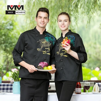 

M-3XL Men Women Double Breasted Embroidery Dragon Long Sleeve Restaurant Kitchen Cook Suits Work Uniforms Chef Breathable Jacket