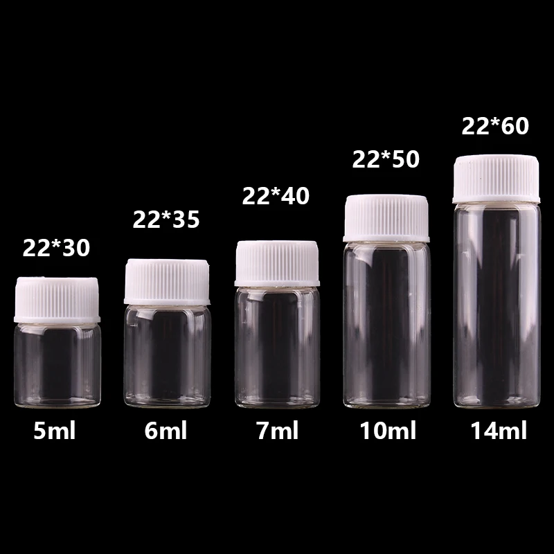 

5ml 6ml 7ml 10ml 14ml Mini Clear Glass Bottles with White Plastic Screw Cap Empty Spice Bottles Jars DIY Crafts Vials