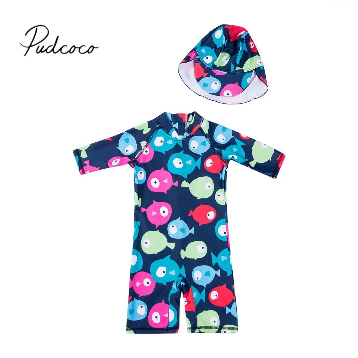 

2019 Summer Swimsuit 3-7T Toddler Kids Baby Boy Girl Sun Protective Swimwear Rash Guard Costume Colorful Fish Bathing Suit +Hats
