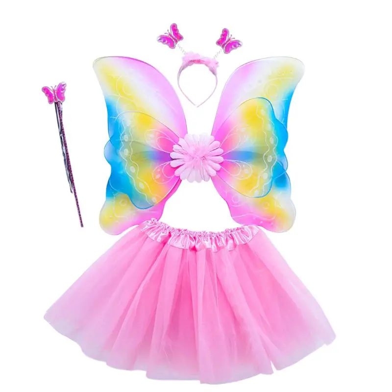 Костюм феи для девочек из 4 предметов; трехслойная фатиновая юбка-пачка с крыльями радуги и бабочки; повязка на голову; вечерние От 3 до 8 лет принцессы на Хэллоуин