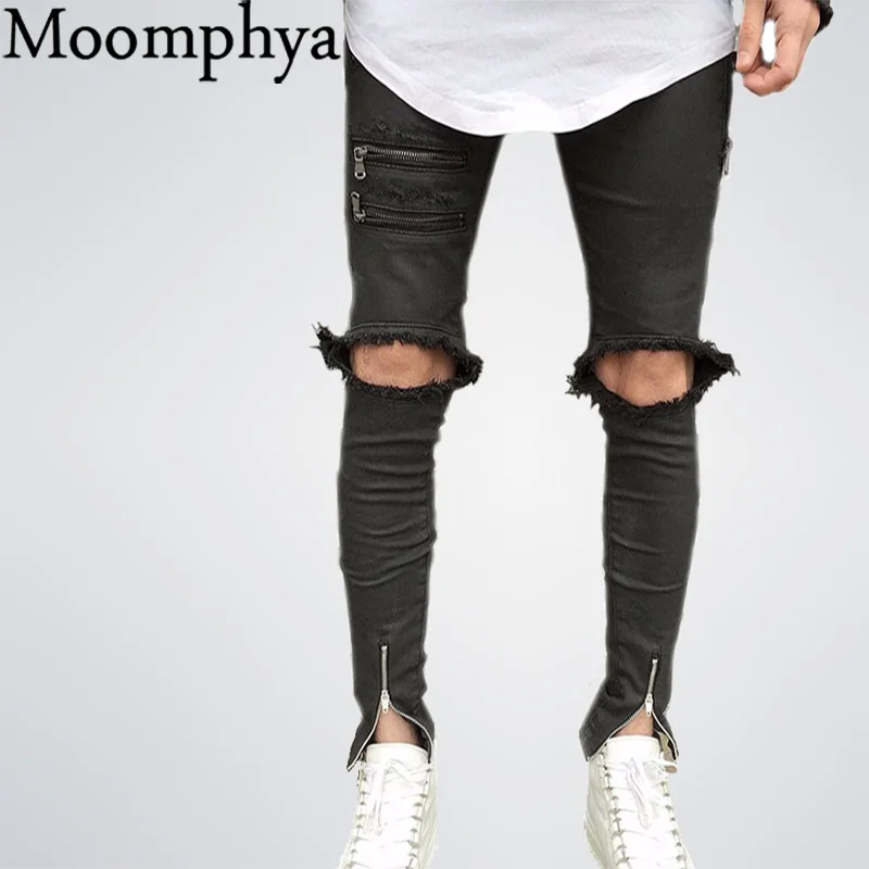 Moomphya Fashion streetwear High street stripped broken holes men jeans ...