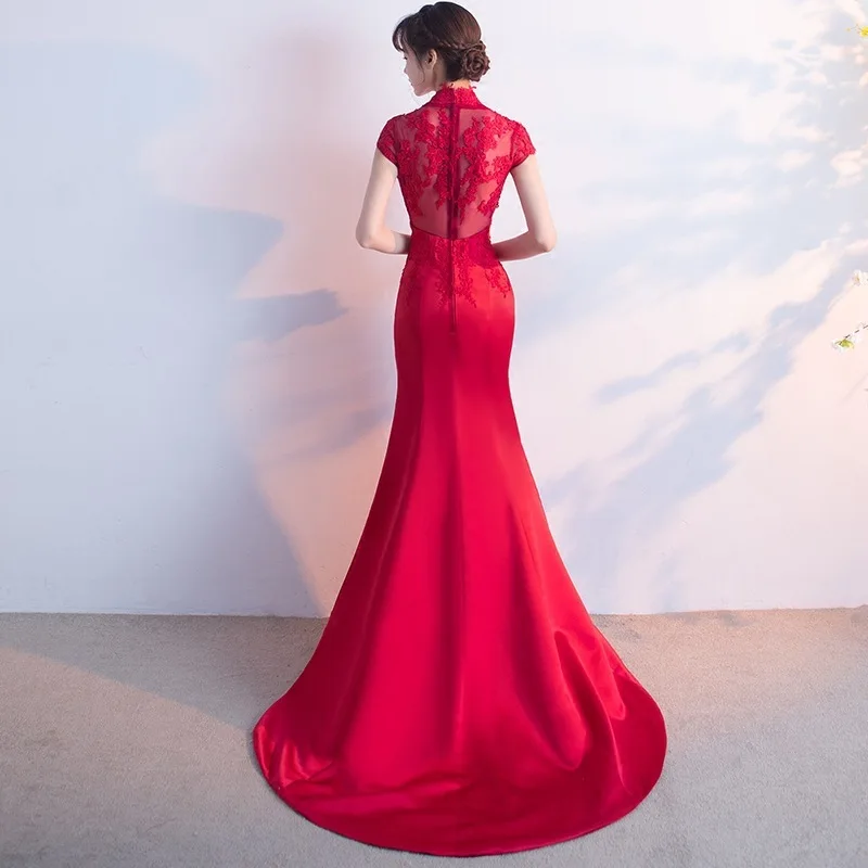 Wine Red Mermaid Cheongsam Qipao Long Traditional Chinese Evening Dress Women Toast Bride Tailing Gown Robe Chinoise Style Femme |