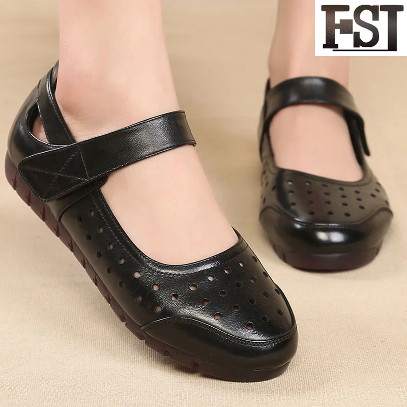 

FSJ Genuine Leather Woman Flats Shoes Strap Mature 2019 Summer Size 35