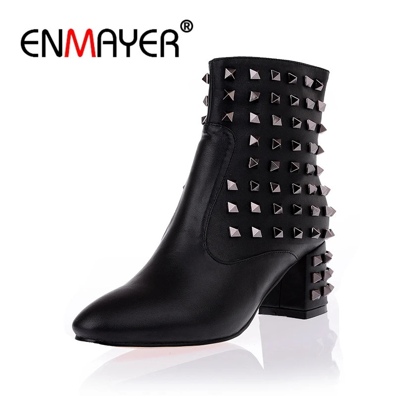 

ENMAYER Rivets 2018 Fashion Women boots Round Toe Med heels women's Ankle boots shoes Autumn Winter women shoes Punk style CR330