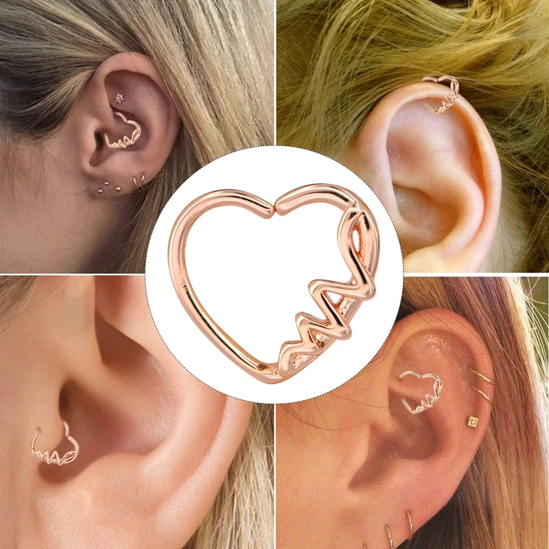 BODY PUNK Heart Shaped  Waves Left Closure Daith Cartilage Earring Wholesale Surgical Stainless Steel Barbell Tragus Piercing   (3)