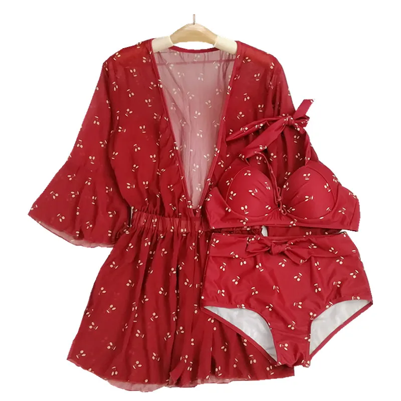 

2019 Women Red Printed Push Up Three Piece Bikini Set Swimsuit with Cover-Up Sexy Summer Bathing Suit Swim Beach Wear Swimwear