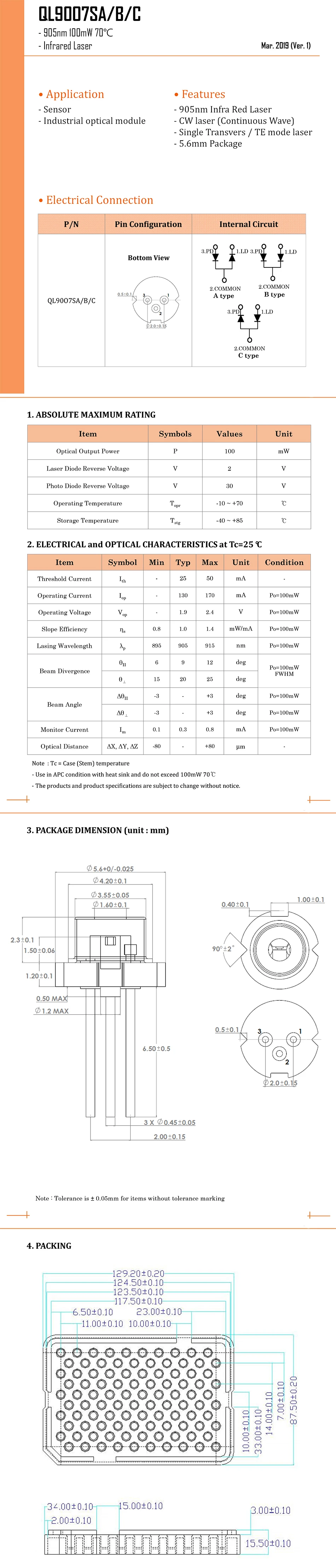 905nm 100mw TO-18 Упаковка ИК промышленный лазерный диод