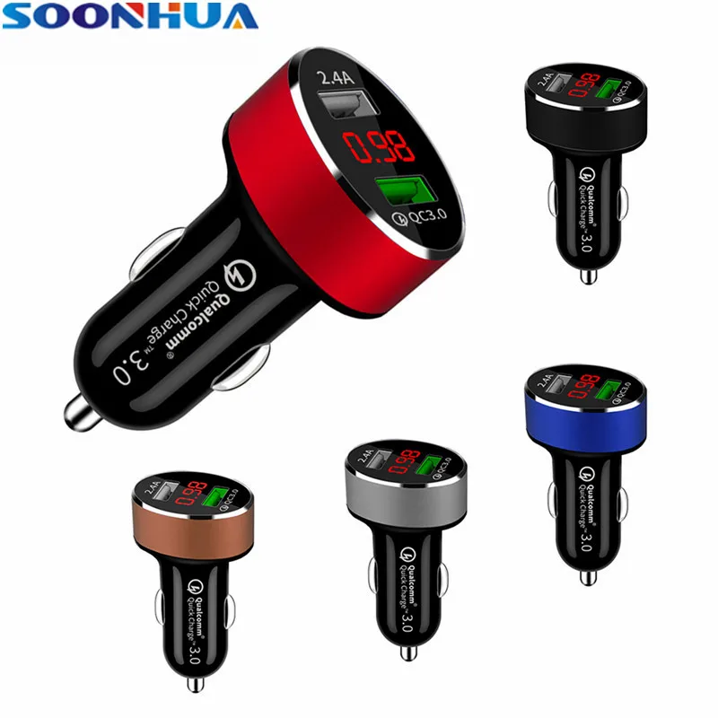 

SOONHUA Portable 5V 3A Dual USB Car Charger Inbulit IC Multiple Protection Fast Charging Adapter With QC3.0 Time Digital Display