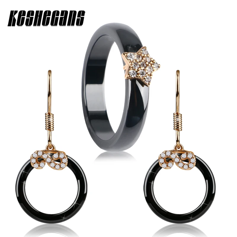 

Trendy Fashion Jewelry Set Crystal Infinity Symbol Black Round Hollow Ceramic Drop Earrings And Shining Star Ring For Women Gift