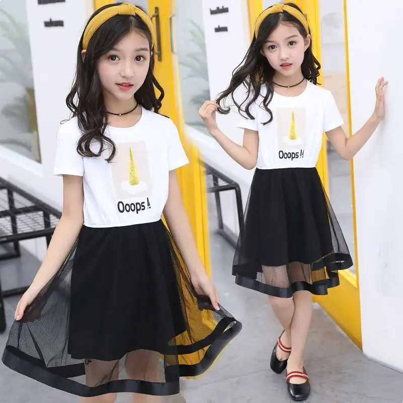 

2019 Fashion Girls Short Sleeve Dresses Children Summer Stitching Elegant Kid Dress Children's Clothing for Girls
