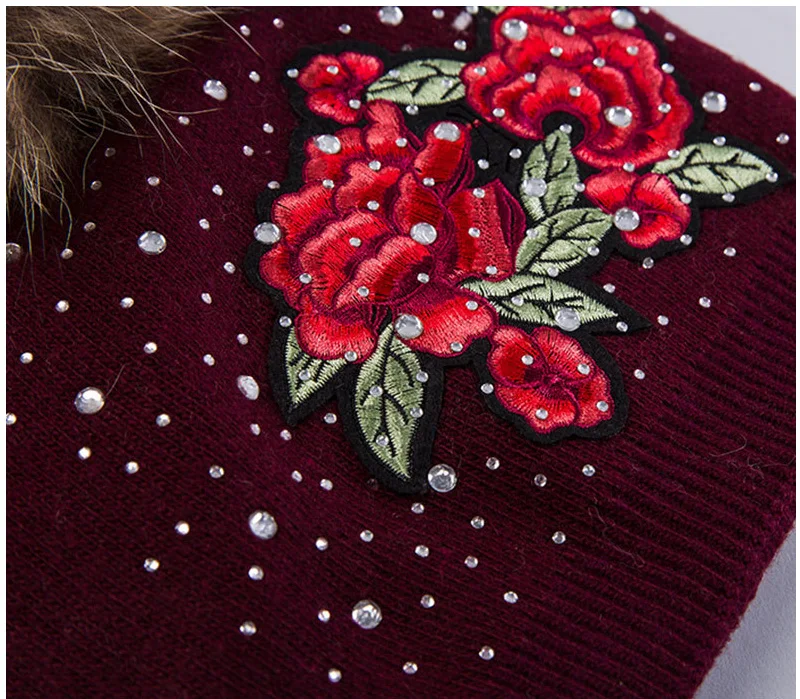 Winter Hat Women Knit Beanie Warm Cap Wool Flower Real Raccoon Pom Pom Autumn Casual Outdoor Ski Skullies Snow Accessory (34)