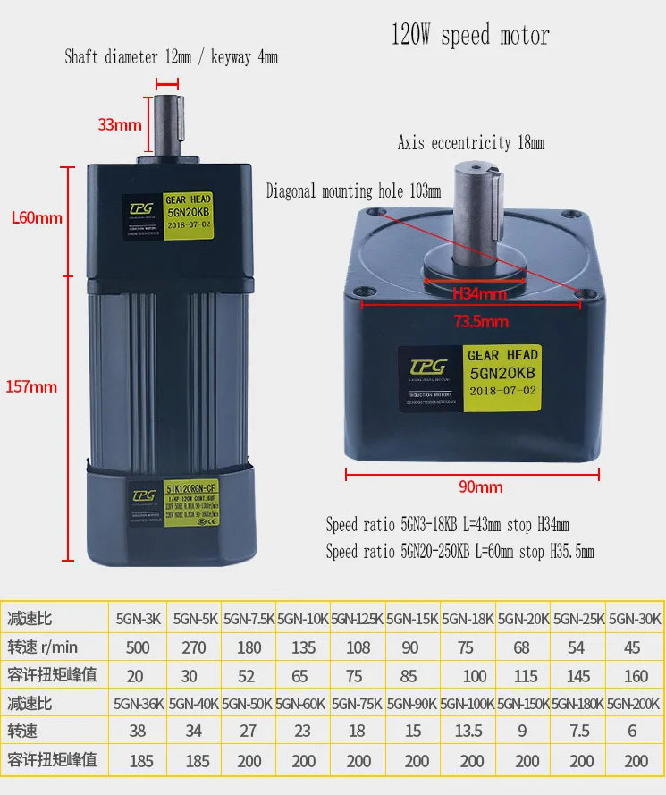 120W 220V редукторный переменного тока мотор скорости/мотор-редуктор 5IK120RGN-CF мотор+ регулятор скорости