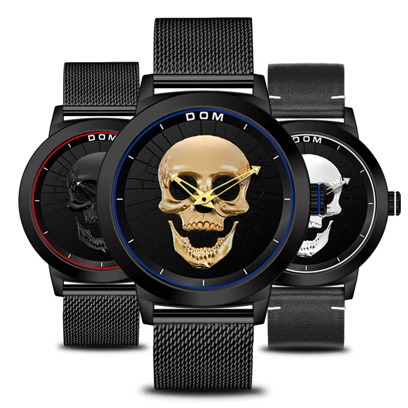 

DOM Watches 3D Skull Watch Men Leather/Steel Mesh Waterproof Clock Military Sport Quartz Wristwatches relojes para hombre 2018