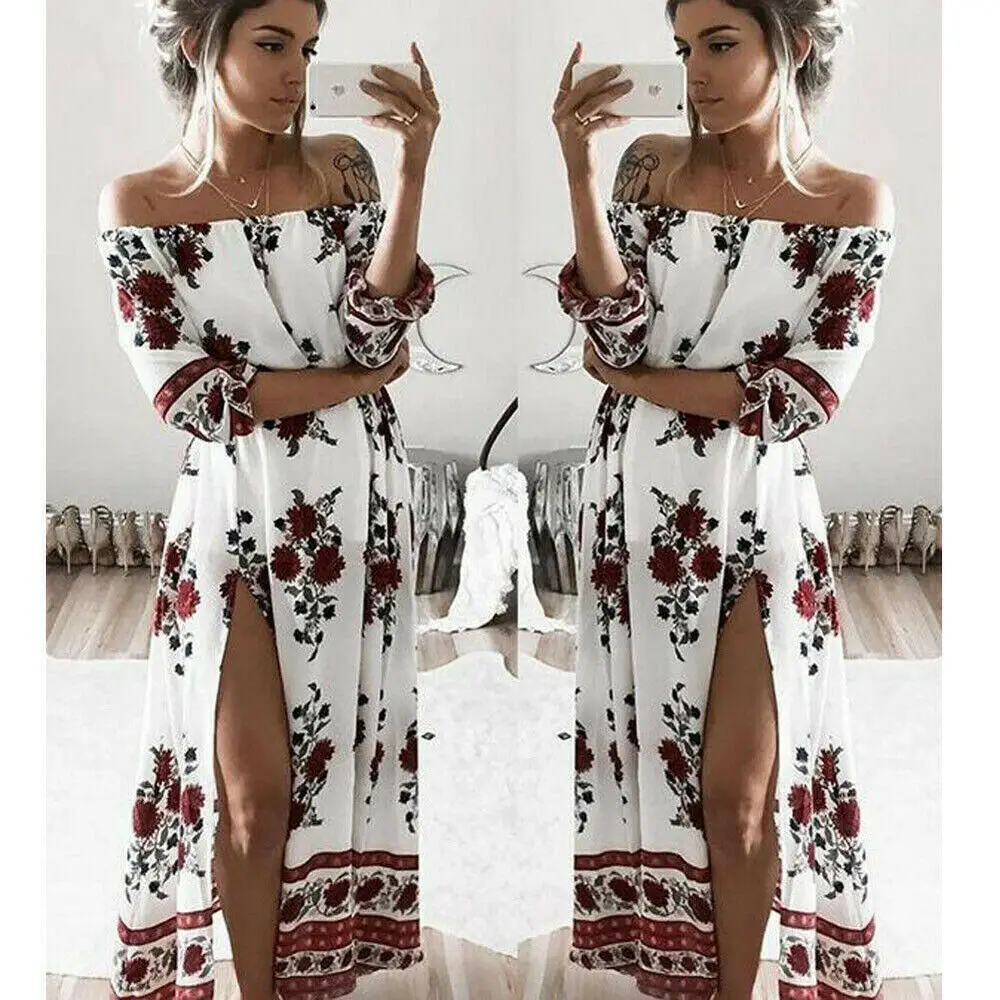 

Hirigin Newest Summer Women Boho Summer Floral Party Night Evening High Side Slit Maxi Strapless Long Elegant Dress