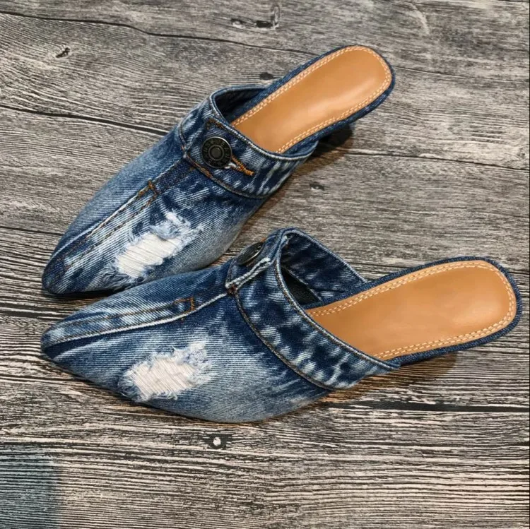Women's Girls Denim Jeans Blue Ripped Low Heels Slippers Cloth Kitten Heel Shoes Pumps Slingback ripped zipper fly denim jeans