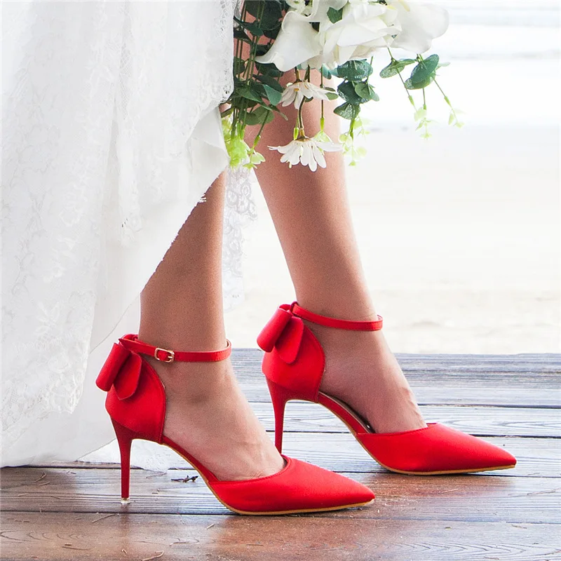 Bow High Heels Women Shoes Wedding Shoes Woman High Heel Pumps Women Shoes Pointed Toe Pumps Big Size 43 Saltos Femininos