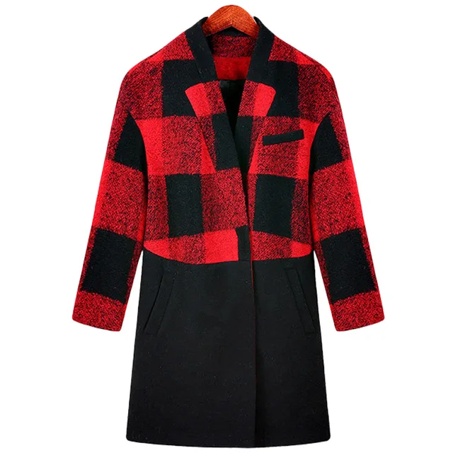 red and black Plaid wool jacket coat lapel women long woolen Warm ...