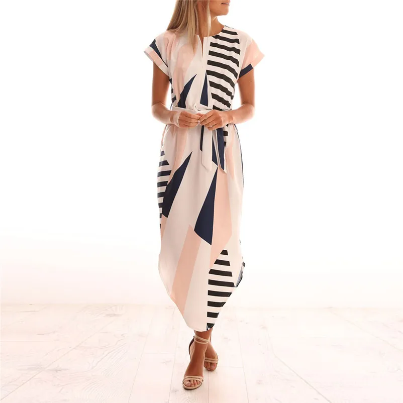 Fashion summer dress 2018 beach dress Women Casual Short Sleeve V Neck Printed Maxi Dress With Belt white dress vestidos J11#N (4)