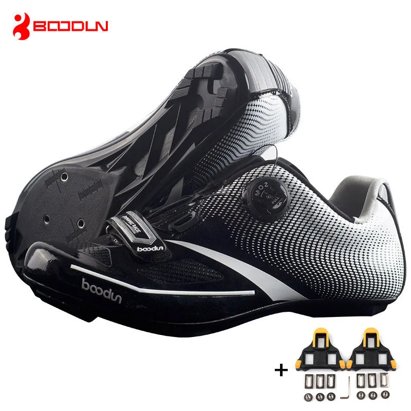 black with cleats BOODUN, дышащий материал, профессиональная самоблокирующаяся велосипедная обувь, обувь для шоссейного велосипеда, Ультралегкие спортивные гоночные кроссовки, Zapatos Ciclismo - Цвет: black with cleats