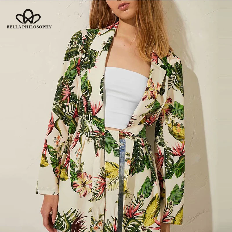 

Bella Philosophy Women Long Sleeve Leaf Print Blazer Vintage Floral Female Loose Sashes Blazer Holiday Lady Blazer Outwears