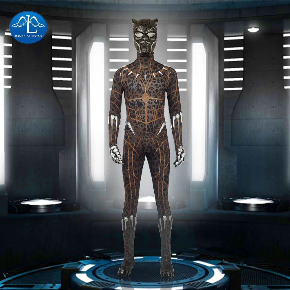 

2018 Movie Black Panther Cosplay Costume Halloween Black Panther Costume Men Leopard Print Jumpsuit With Mask Custom Made