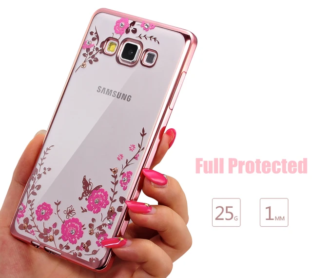 Fashion Case For Samsung Galaxy A3 A3000 A5 A5000 A7 A7000 2015 C10 Plating Cover Rhinestone Soft TPU cute Flowers Phone Case