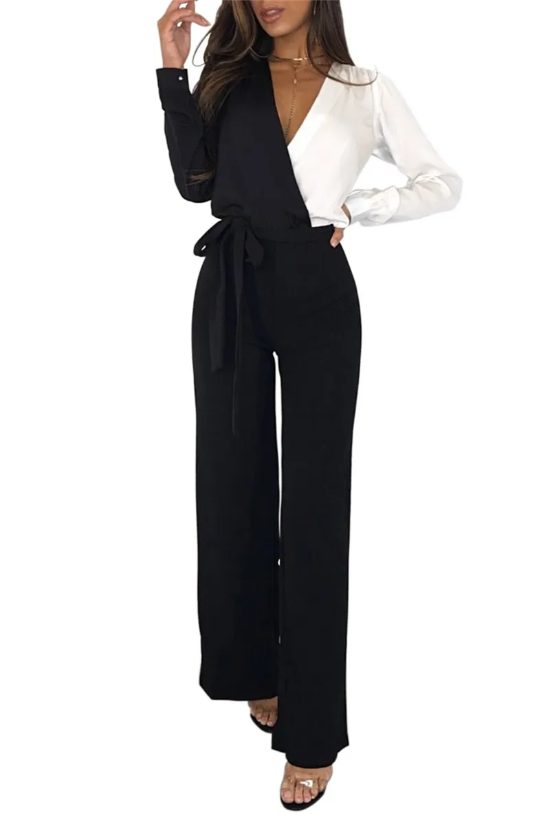 

2019 Black White Colorblock Asymmetric Wide Leg Jumpsuit Women V Neck Long Sleeve Office Elegant Rompers Plus Size XL Outfits