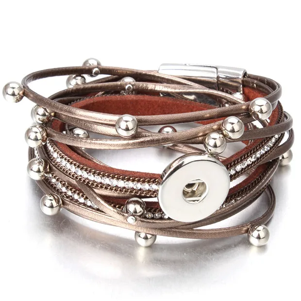 New Snaps Jewelry Vintage Crystal Leather 18mm Snap Button Bracelet Bangle Punk Multilayer Leather Bracelet Wrap Bracelets