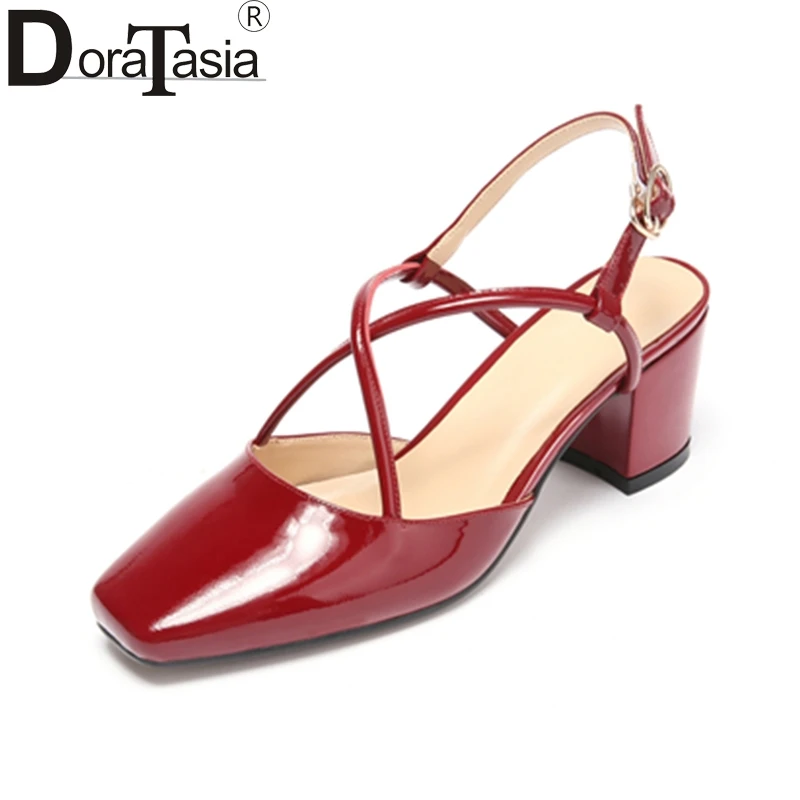 

DoraTasia Genuine Leather 2018 Large Size 33-40 Buckle Strap Cow Leather Square High Heels Women Pumps Woman Black Shoes Woman