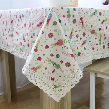 

1pc Carton Animals Rabbit Flower Kid's Room Table Cover Linen Cotton Tablecloth Lace Edge Desk Cover manteles mesa rectangular