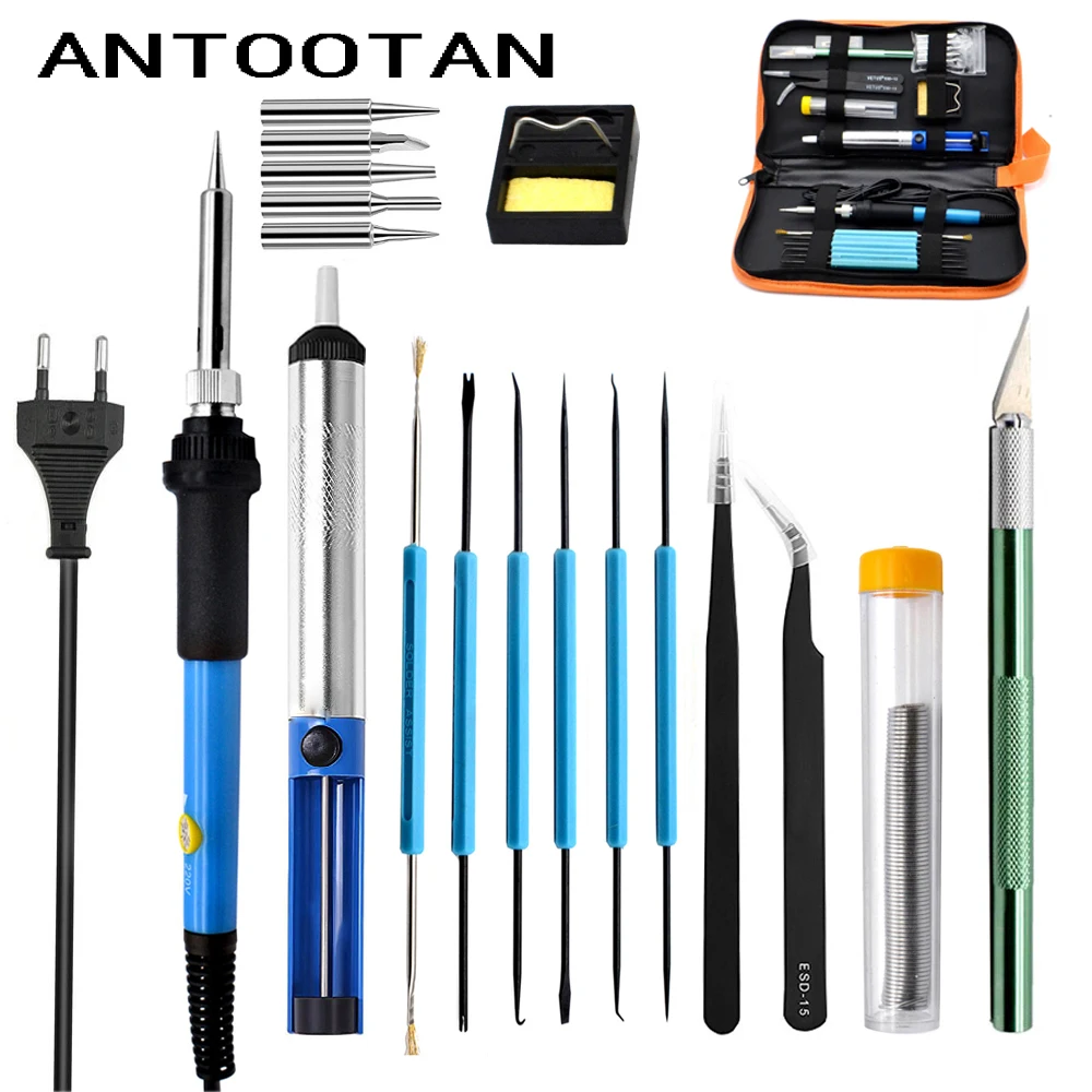 

EU Plug 60W 220V Soldering Iron Hand Welding Repair Tool Adjustable Temperature Soldering with 5tips wire tweezers