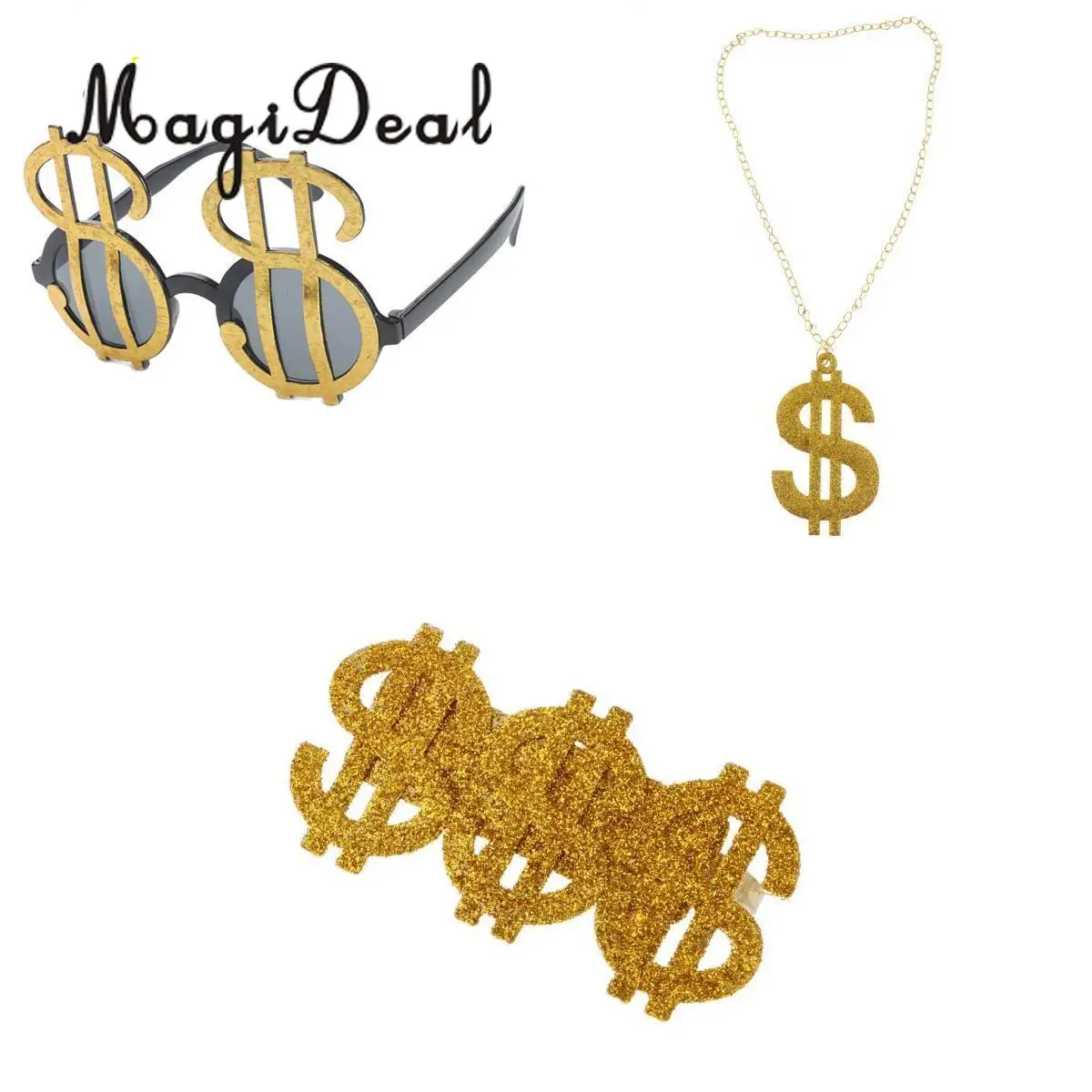 MagiDeal Set of 3pcs Glitter USD Dollar Signs Eye Glasses Ring Necklace 70s 80s Rapper Big Daddy Costume Dress up Jewelry Props