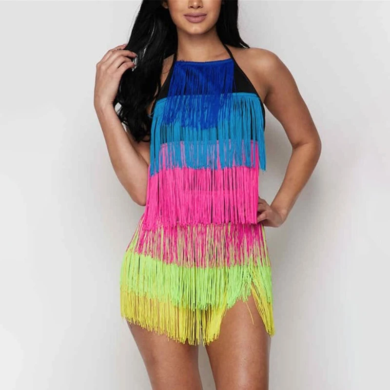 

Colorful Tassels Tiered Dress Women Halter Lace Up Mini Dress 2019 Summer Beach Dance Costume Sexy Party Clubwear Layered Dress