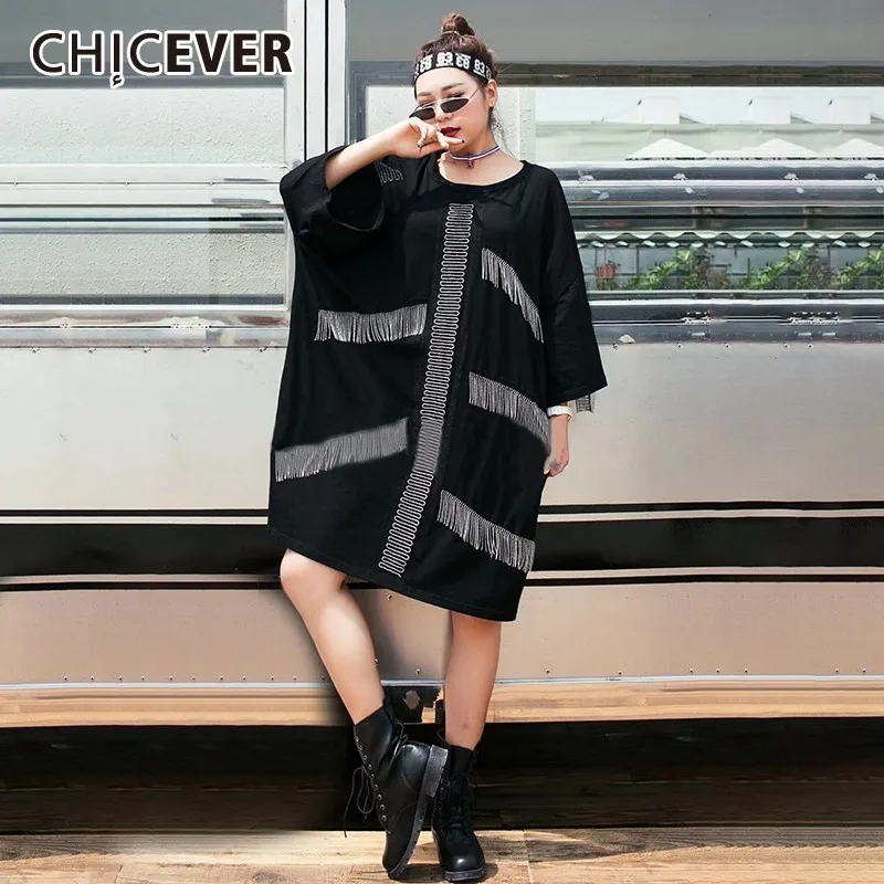 

CHICEVER Summer Casual Patchwork Irregular Tassel Women Dress O Neck Three Quarter Sleeve Loose Knee Length Striaght Dresses New