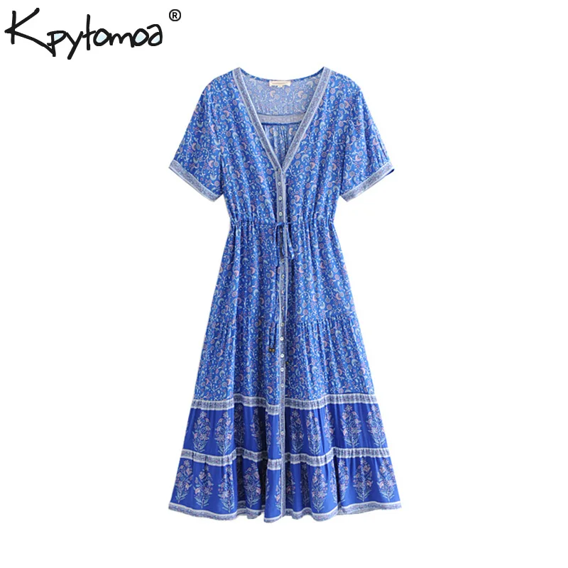 

Boho Chic Summer Vintage Floral Print Midi Dress Women 2019 Fashion V Neck Buttons Lace Up Pleated Beach Dresses Vestidos Mujer