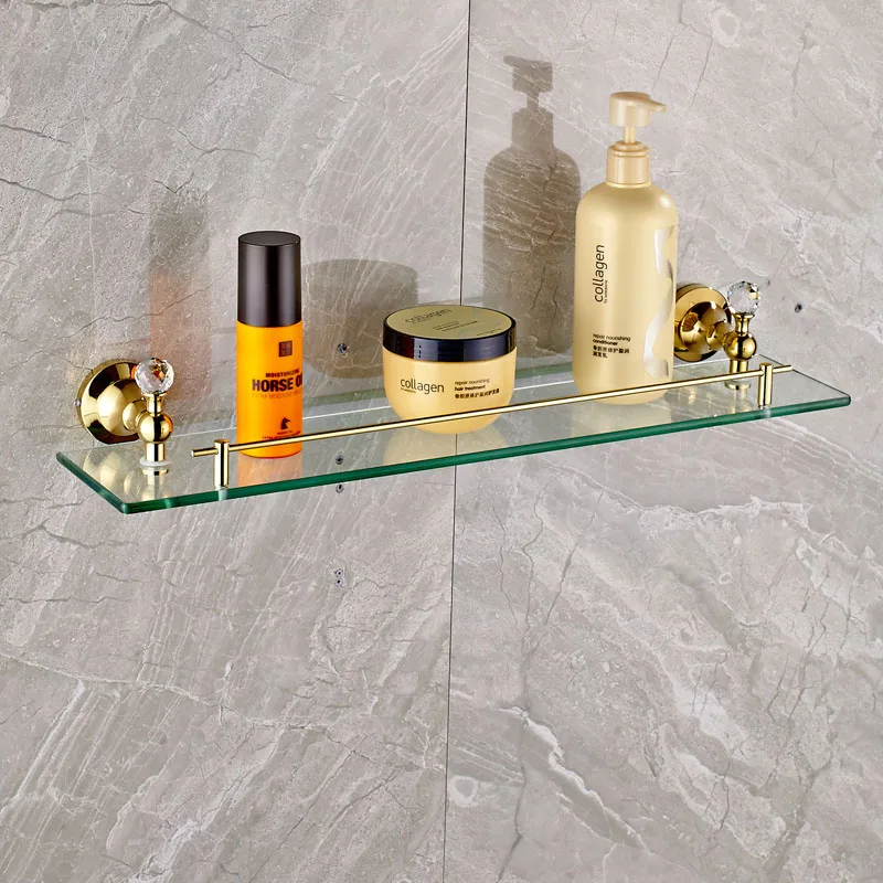 Golden Crystal Wall Mount Glass Bath Storage Holder Bathroom Cosmetic Shelf
