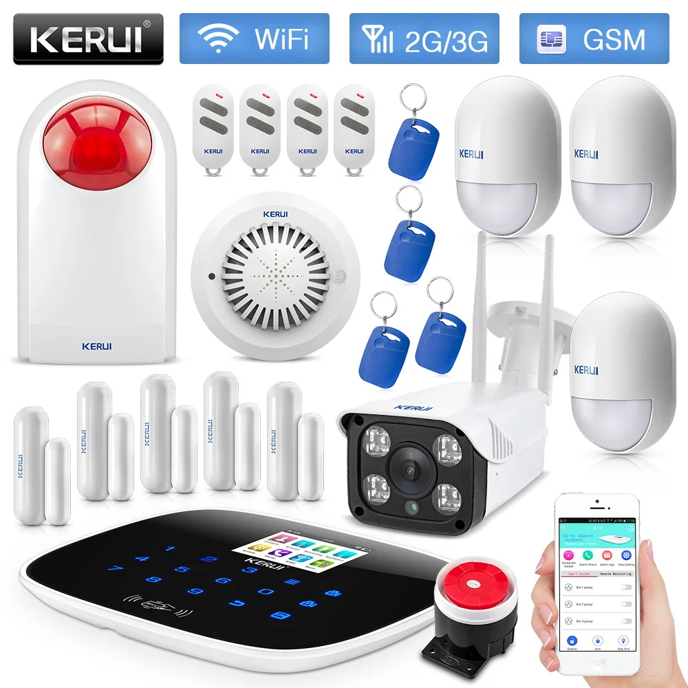 KERUI W193 WiFi 3G GSM PSTN RFID Wireless Smart Home Security Alarm System Motion Detector Fire Protection With IP Camera KERUI W193 WiFi 3G GSM PSTN RFID Wireless Smart Home Security Alarm System Motion Detector Fire Protection With IP Camera