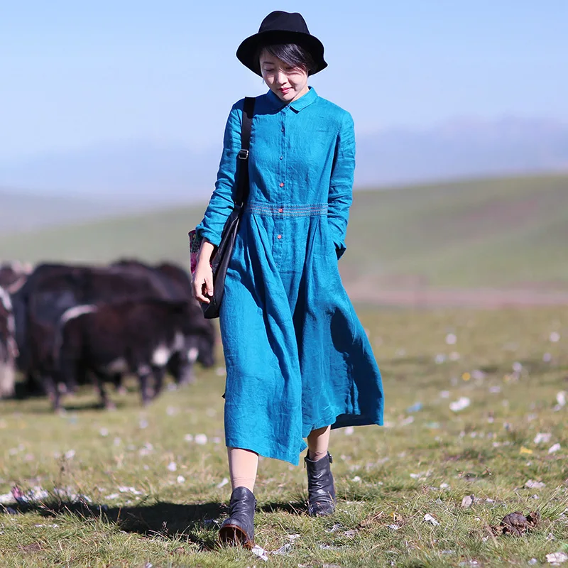 

Women dress 2019 Spring Flax Waist collection Embroidery literature Medium length style Peacock blue Dress N135