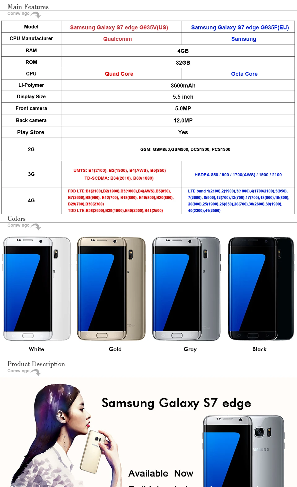 Refurbished Samsung Galaxy S7 Edge Smartphone 5.5'' 4GB+32GB Single SIM NFC 12MP 4G LTE Cellphone gold 3